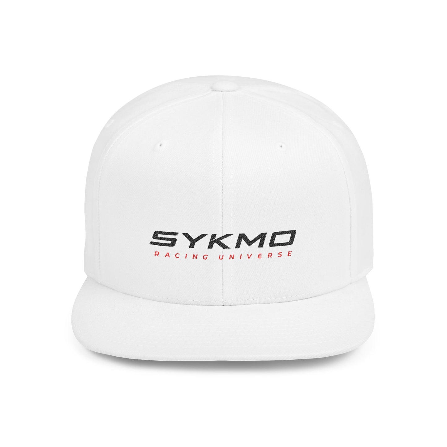 SYKMO Racing Universe Flat Bill Snapback Hat — White Motorsport Logo Cap