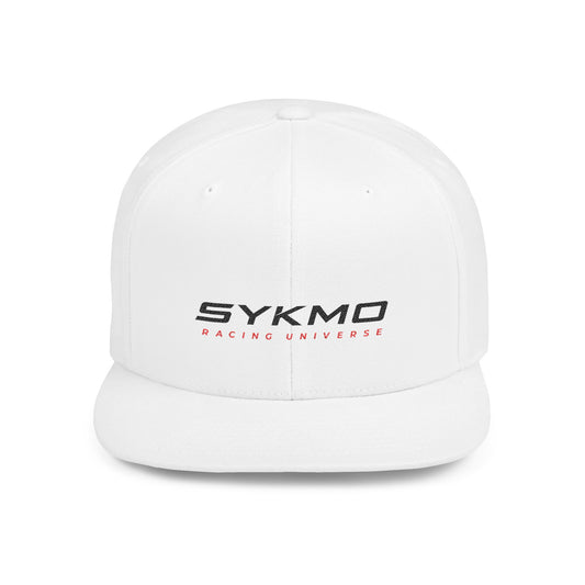 SYKMO Racing Universe Flat Bill Snapback Hat — White Motorsport Logo Cap